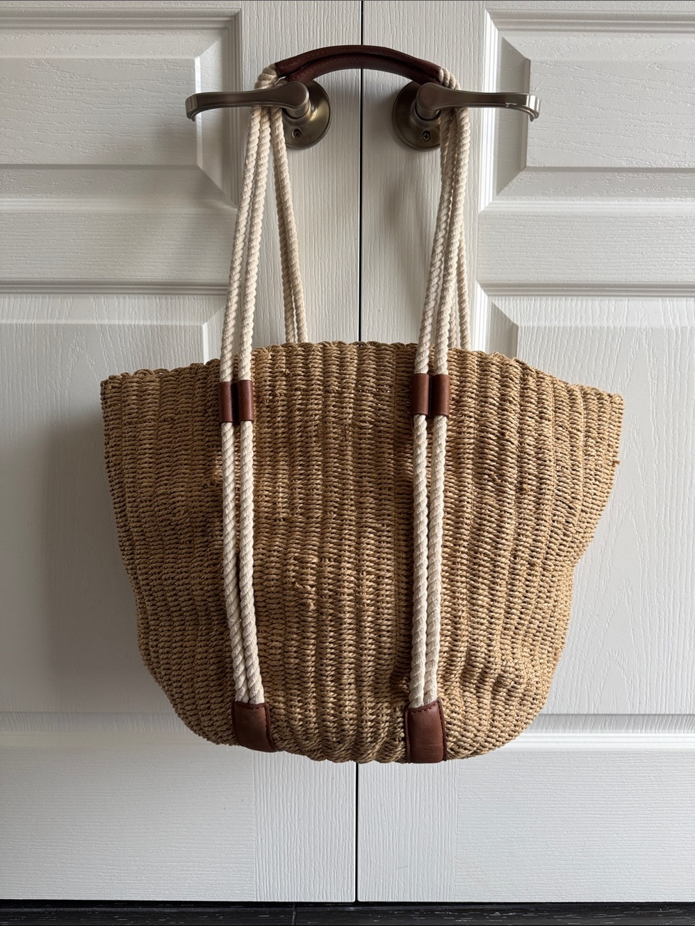 J. Crew Woven Straw Tote with Cream Rope Handles and Brown Trim